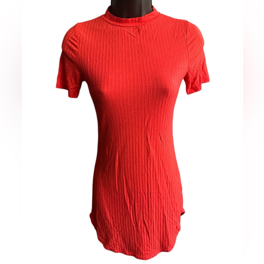 Women's Orange-Red Ribbed Shortsleeved Dress